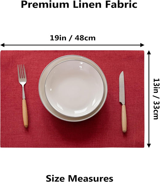 Demetex Christmas Placemats Set of 6 Red Linen Wipeable Place Mats Heat Resistant Cloth Placemats for Dining Table Restaurants Holiday, 13 x 19 inches, Wine Red