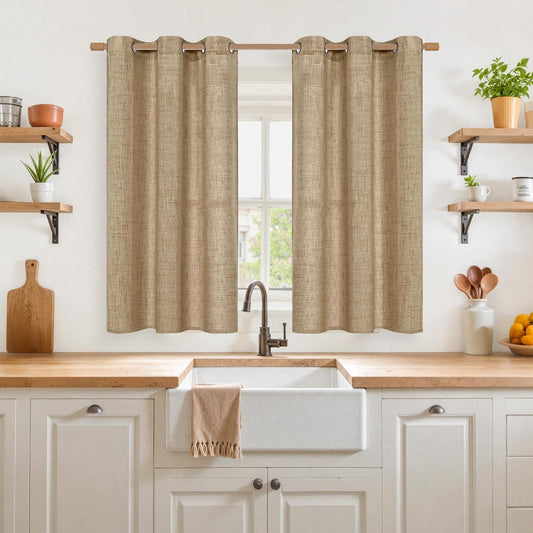 YoungsTex Short Linen Semi Sheer Curtains 45 Inch Length for Kitchen Window, Burlap Textured Drapes with Bronze Grommet Light Filtering for Cafe Bathroom Bedroom, Toffee, 2 Panels, 42 X 45 Inch