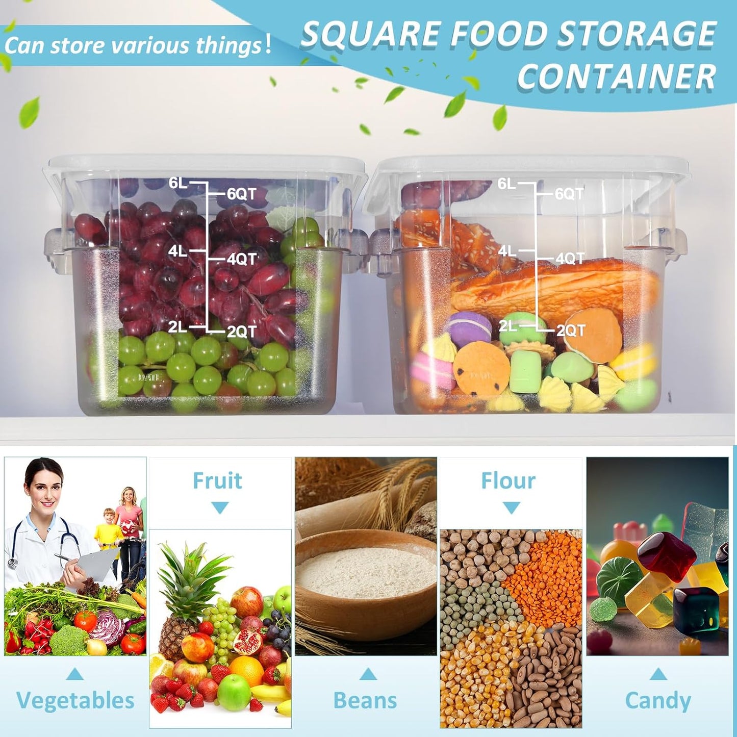 Yungyan 12 Pcs 6 Qt Commercial Food Storage Containers with white Lids Restaurant Square Airtight Food Storage Containers Clear Cereal Container for Kitchen Freezer Dishwasher Pantry