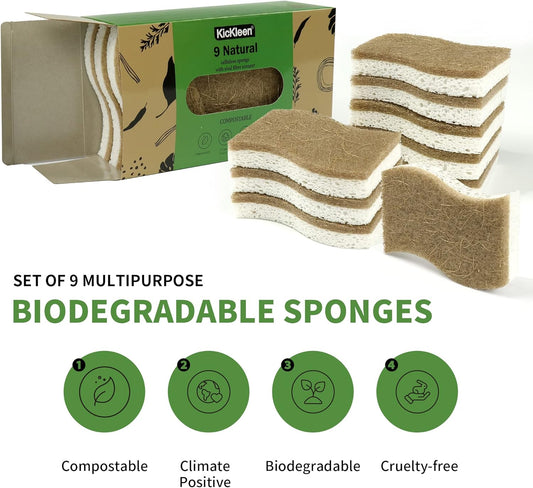 9 Pack Biodegradable Natural Kitchen Sponge - Compostable Cellulose and Coconut Walnut Scrubber Sponge - Eco Friendly Sustainable Sponges for Dishes