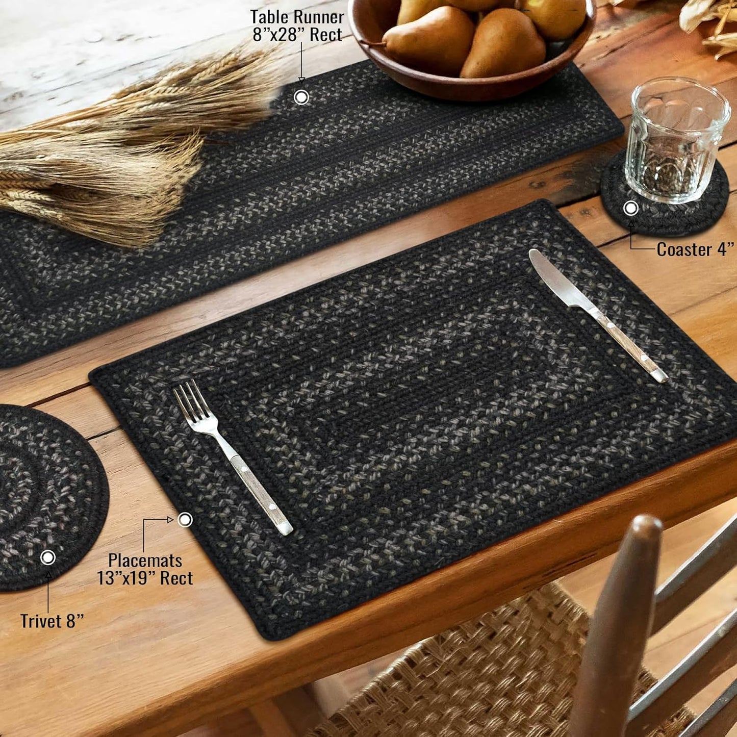 Homespice Jet Black Jute Braided Long Table Runner, Warm Primitive Decor, Rectangle 11x36 - Rich Colors, Easy to Clean, Durable and Protects Furniture