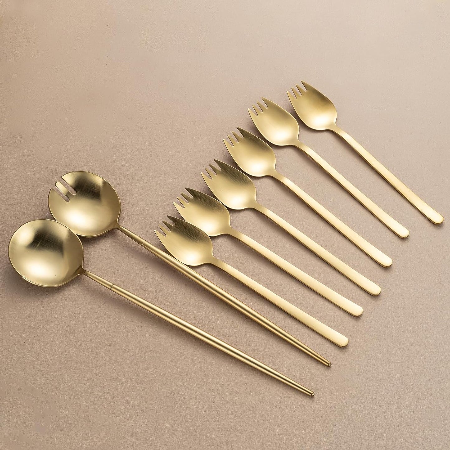 8-Piece Gold Salad Serving Set - 11.4 inch Stainless Steel Spoon & Fork with 6 Salad Forks, Titanium Plating, Dishwasher Safe for Entertaining, Parties