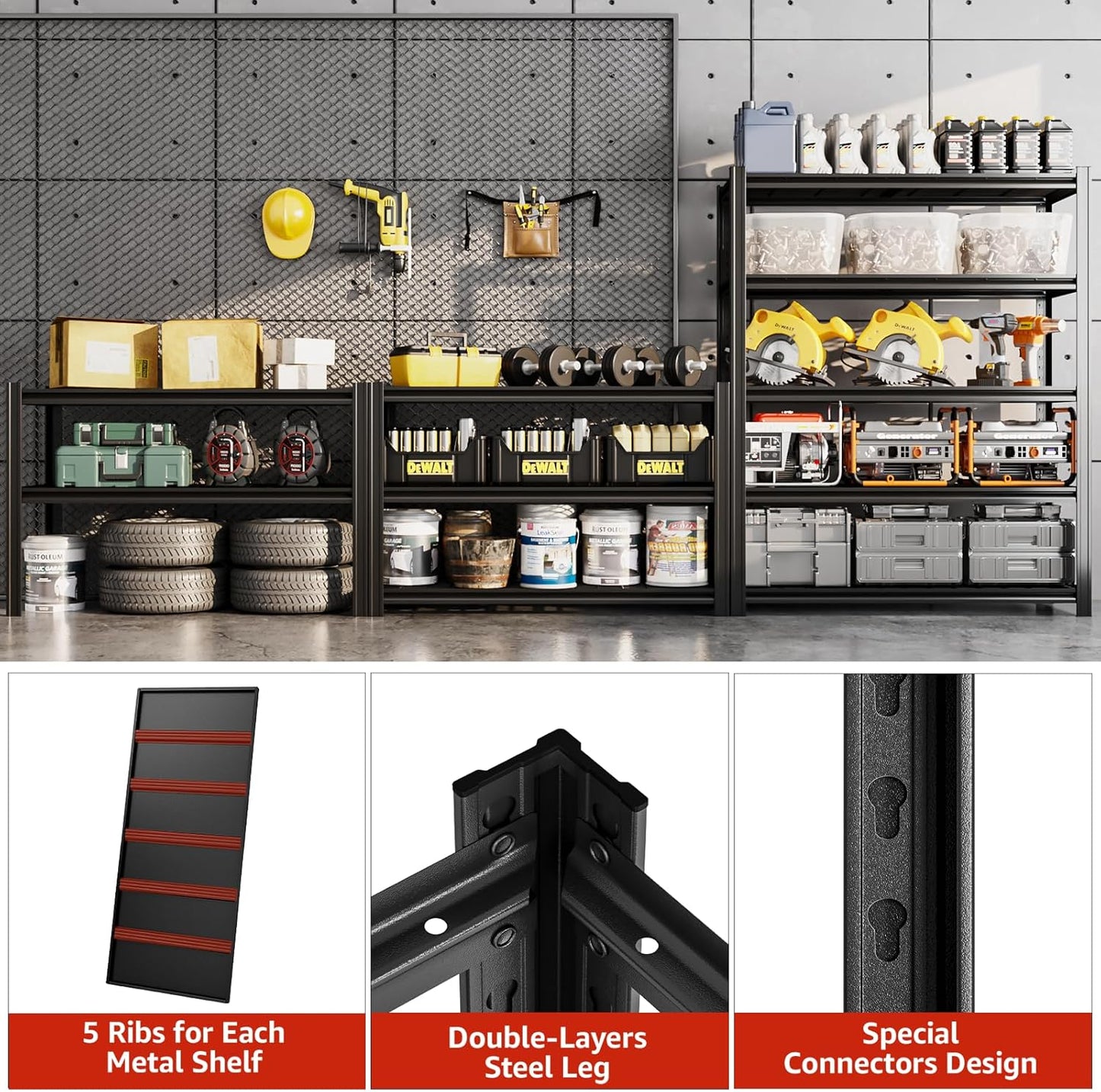 47.12" W Father&I 5-Shelf Industrial Adjustable Heavy-Dudy Tall Metal Steel Garage Storage Shelves Shelving Units/Rack System (Commercial) for Basement/Shop/Dorm, 83" H*47.12" W*23" D*, Black