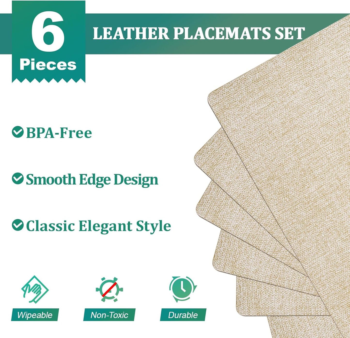 FOCUSLINE Faux Leather Placemats Set of 6, Beige Table Place Mats, Waterproof and Non-Slip Dining Table Mats for Indoor & Outdoor Use