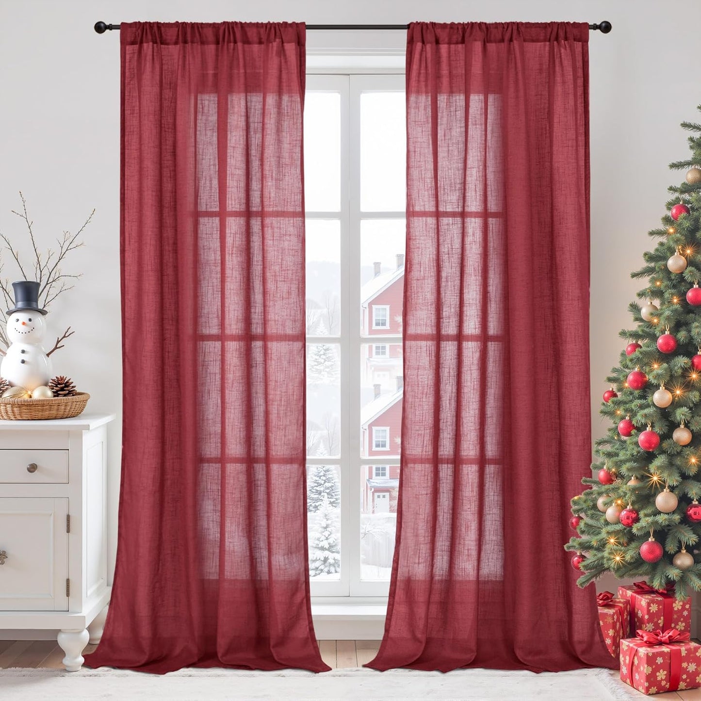BGment Burgundy Linen Curtains for Living Room, Semi Sheer Window Drapes Lightweight Textured with Rod Pocket for Dining Bedroom Party Christmas Decor, Each 42 Inch Wide