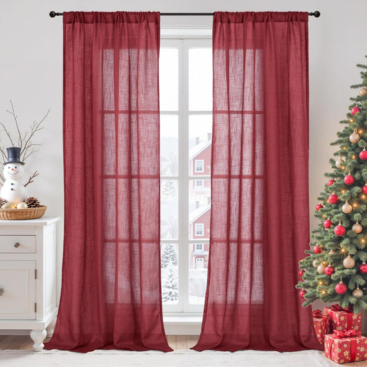 BGment Burgundy Linen Curtains for Living Room, Semi Sheer Window Drapes Lightweight Textured with Rod Pocket for Dining Bedroom Party Christmas Decor, Each 42 Inch Wide