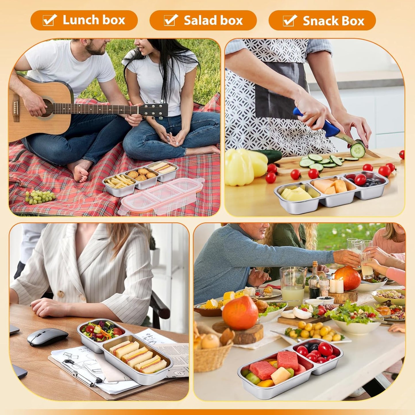 Stainless Steel Snack Box Container - 2 Pack Bento Box for Kids & Adults, 3 Compartment Leak-Proof Snack Containers with Lids (Orange)