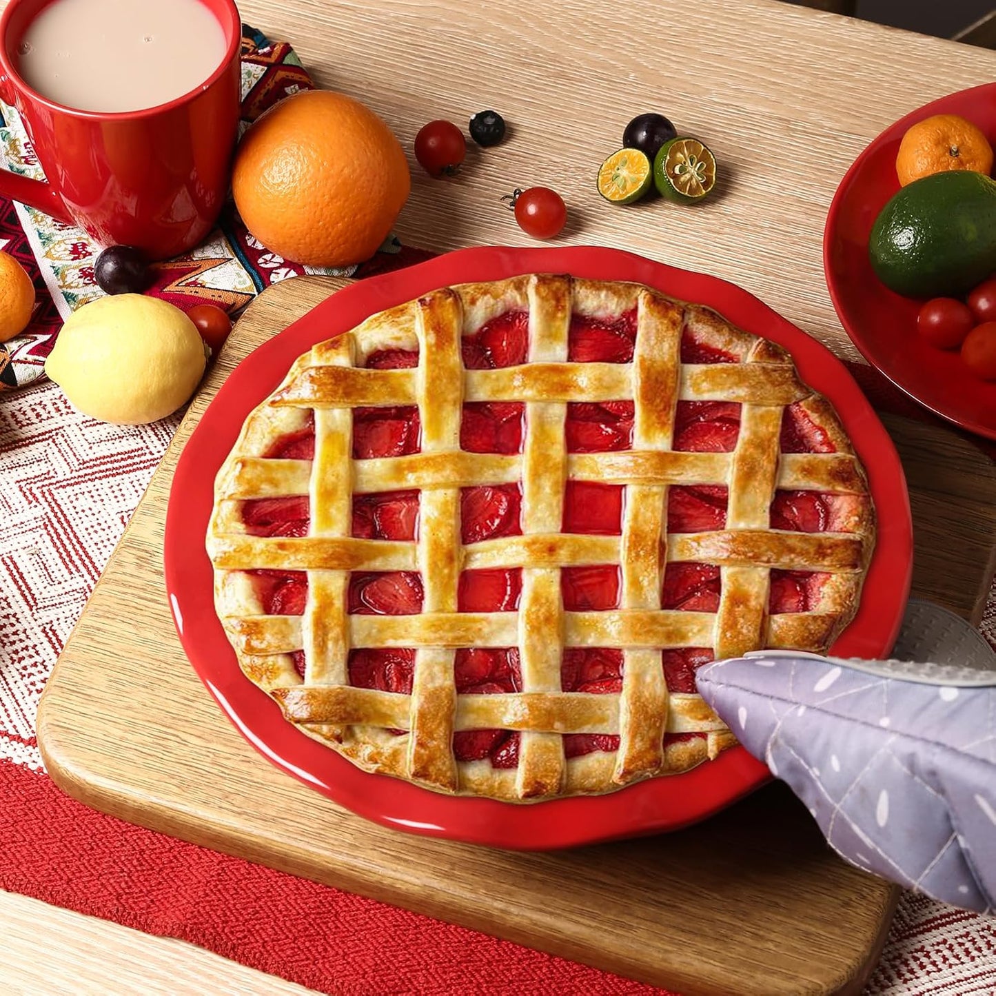 vicrays Ceramic Pie Pan for Baking - 9 inch Pie Plate, Round, Fluted and Deep Pie Dish for Tart, Pizza, Apple Pie, Quiche, Pot Pies, Cake - Reactive Glaze (Red)