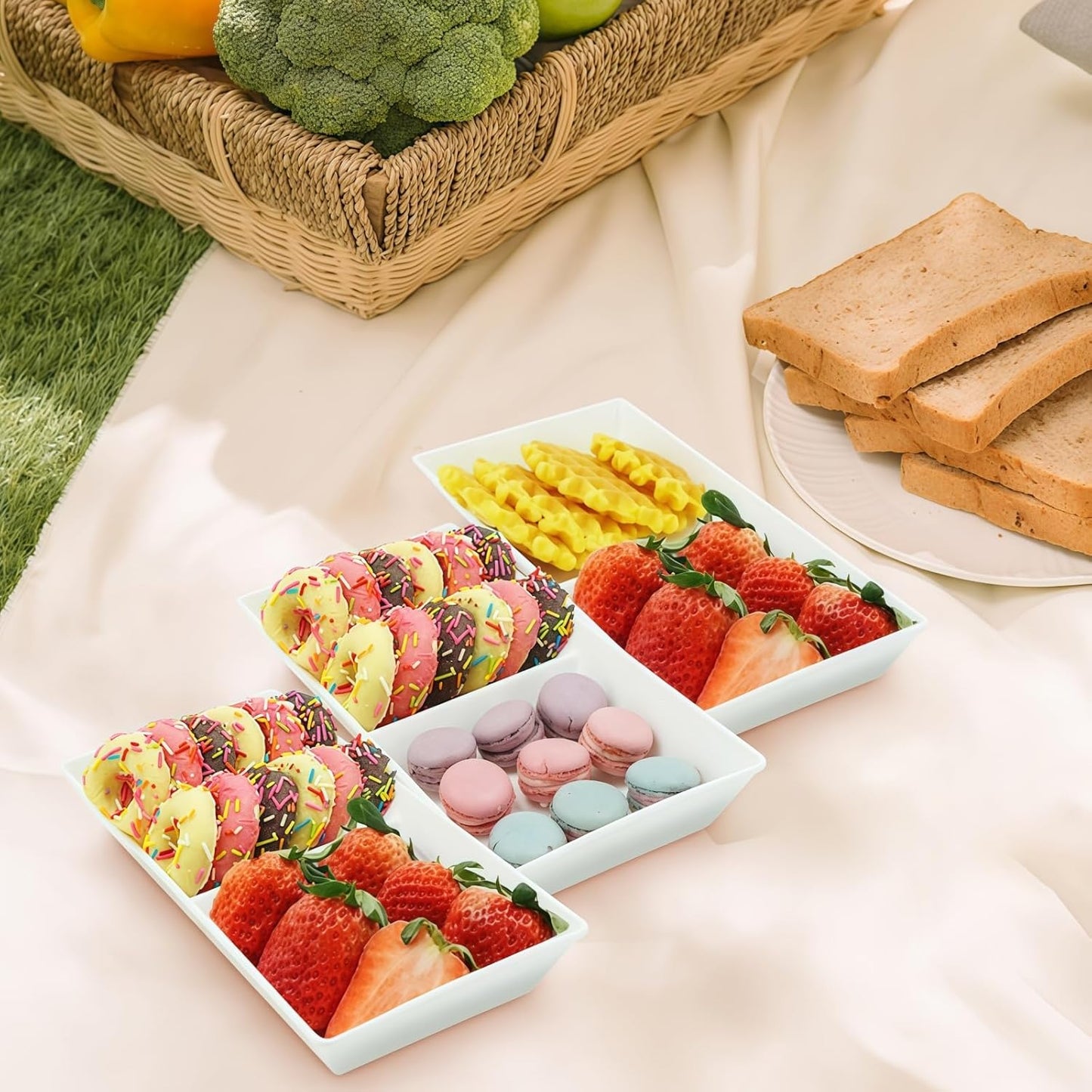Divided Serving Tray Platter, 2 Pack 10" x 5" Fruit Veggie Food Tray for Party, Plastic Serving Trays for Appetizer, Snack, Dessert, Cookie, Brunch Decorations Platters, White Trays BPA-Free