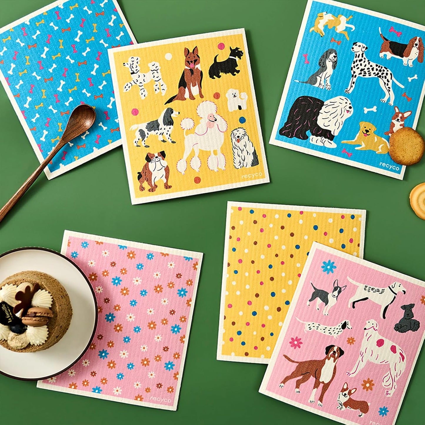 RECYCO Swedish Dishcloths for Kitchen | 6 Pack Doggy Daydreams Washable Dish Rags | Cellulose Reusable Cleaning Paper Towels | Absorbent Counter Dish Cloth Sponge Kitchen Wipes, 8" L x 7" W