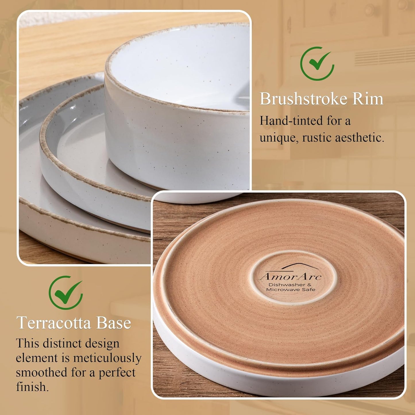 AmorArc Ceramic Dinnerware Sets for 4, 12 Pieces Handpainted Plates and Bowls Set with Rustic Terracotta Underside, Scratch Resistant Stoneware Dishes Set, Dishwasher & Microwave Safe