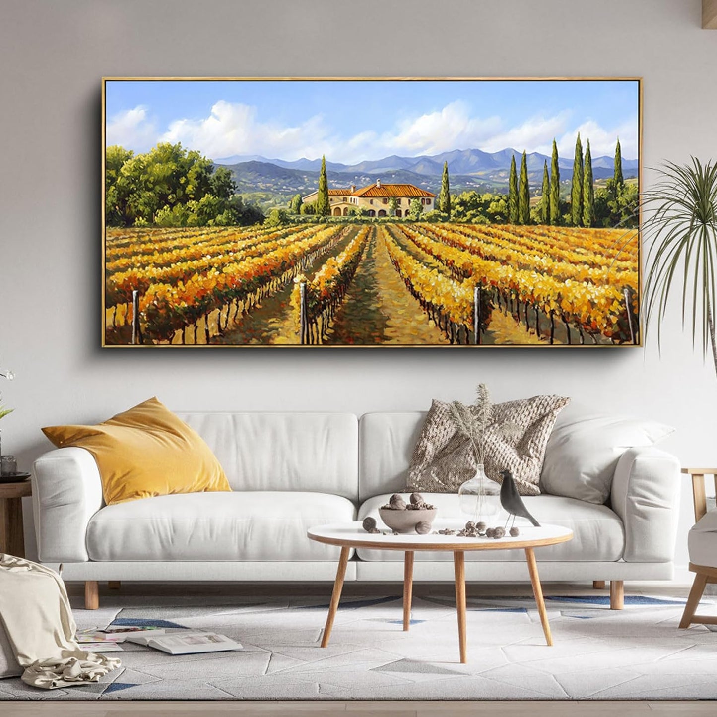 XLSJERST Fall Picture - Orange Wall Art Vineyard Large Landscape Autumn Framed Wall Decor Living Room Vintage Artwork Nature Forest Canvas Wall Art for Bedroom Office Fall Wall Decor - 58x29 Inches