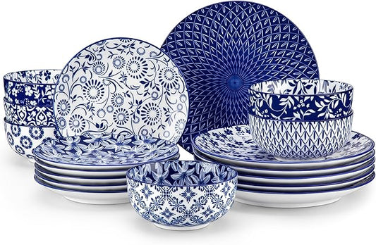 vancasso SELENE Plates and Bowls Set for 6, 18 Pieces Dinnerware Sets, Mircowave and Dishwasher Safe Dishes Set, Porcelain Blue Dinnerware