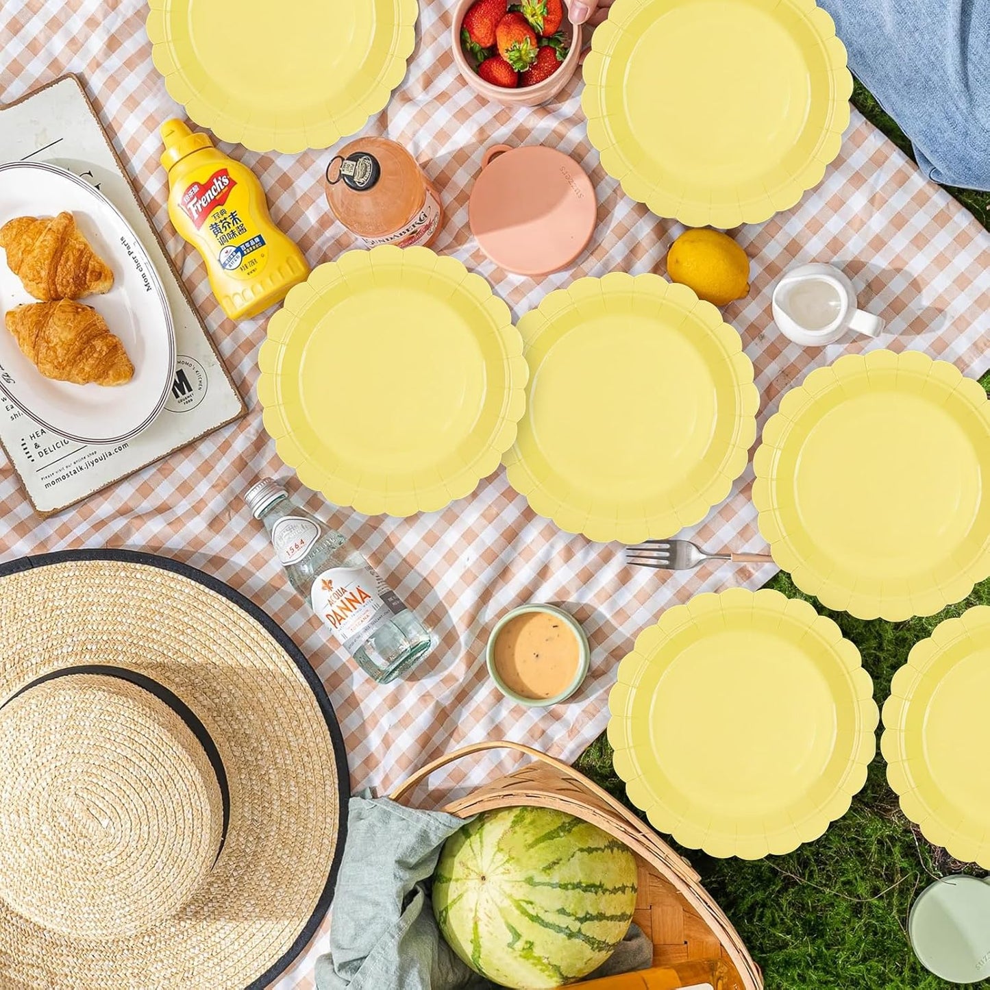 50Pcs Yellow Paper Plates-7 Inch Solid Color Scalloped Disposable Birthday Dinnerware Set Disposable Dinner Party Supplies for Graduation School Starts Wedding Baby Shower Fall Table Decor
