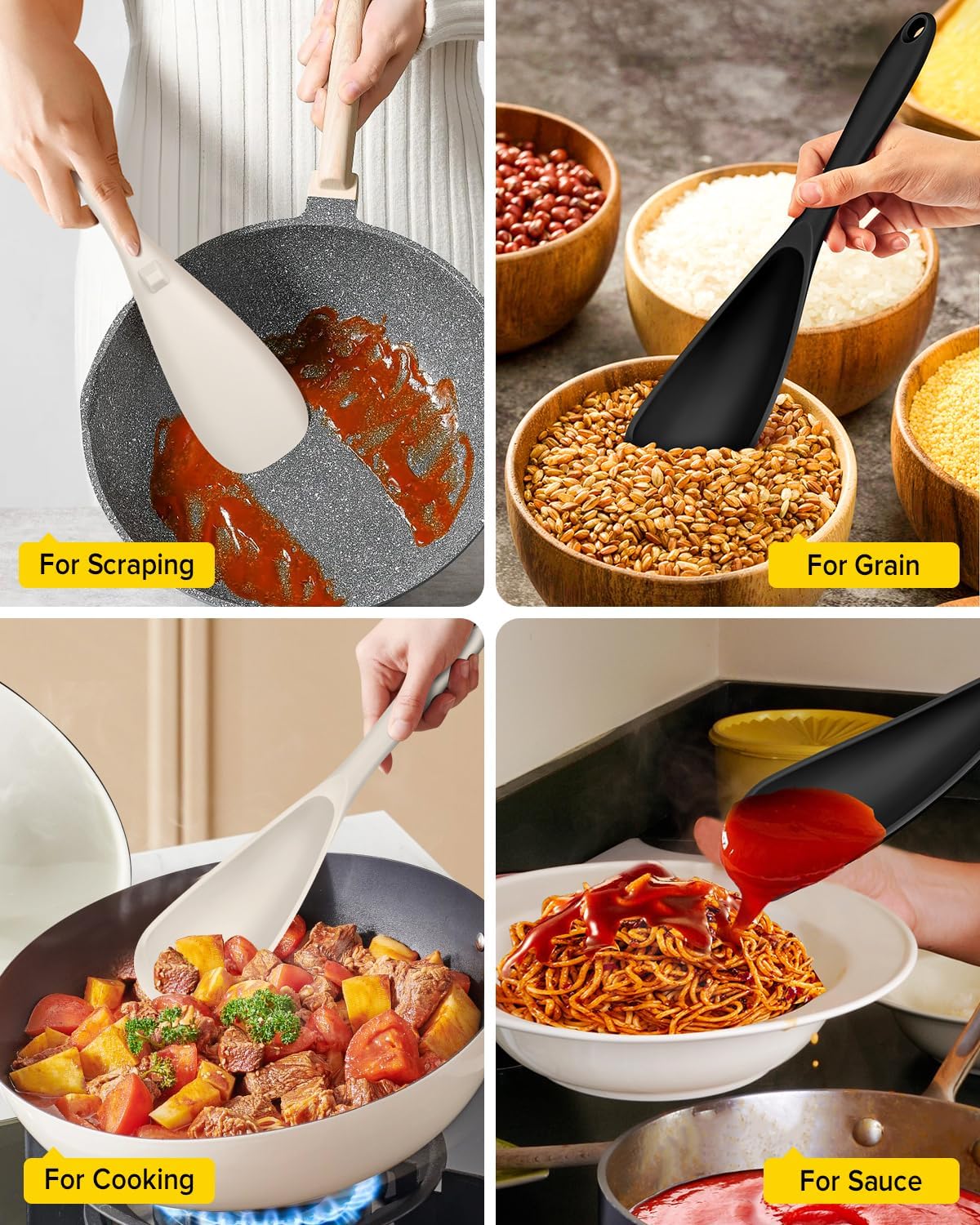 Pack of 2 Cooking Spoons for Non Stick Cookware, Multifunction Spatula Spoon BPA-Free, One-Piece Design, Suitable for Scooping, Scraping, Serving and Mixing(BLACK-KHAKI)