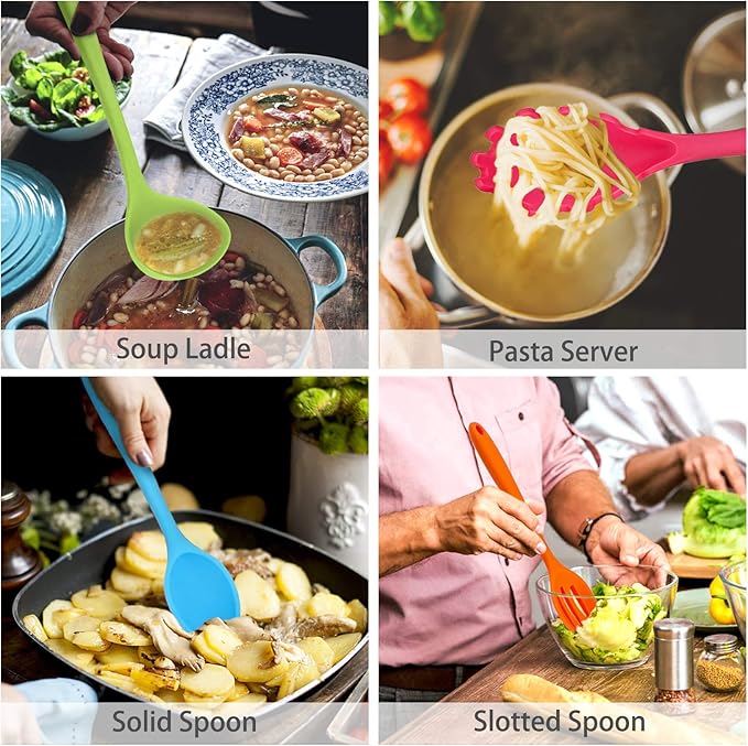 P&P CHEF Silicone Cooking Utensils Set of 7, Heat-proof Kitchen Utensils Set for Nonstick Cookware, Non-stick Spatula, Slotted Turner, Soup Ladle, Pasta Server, Spoon for Cooking Serving - Multicolor