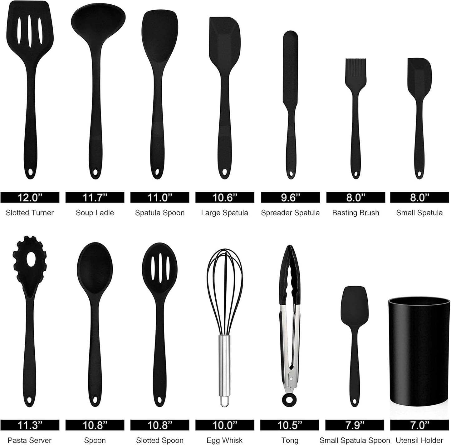 LIANYU 14 Pcs Cooking Utensils Set with Holder, Heat Resistant Silicone Kitchen Cookware Utensils Set, Kitchen Cooking Tools Includes Spatula Spoon Turner Whisk Tong, Dishwasher safe, Black