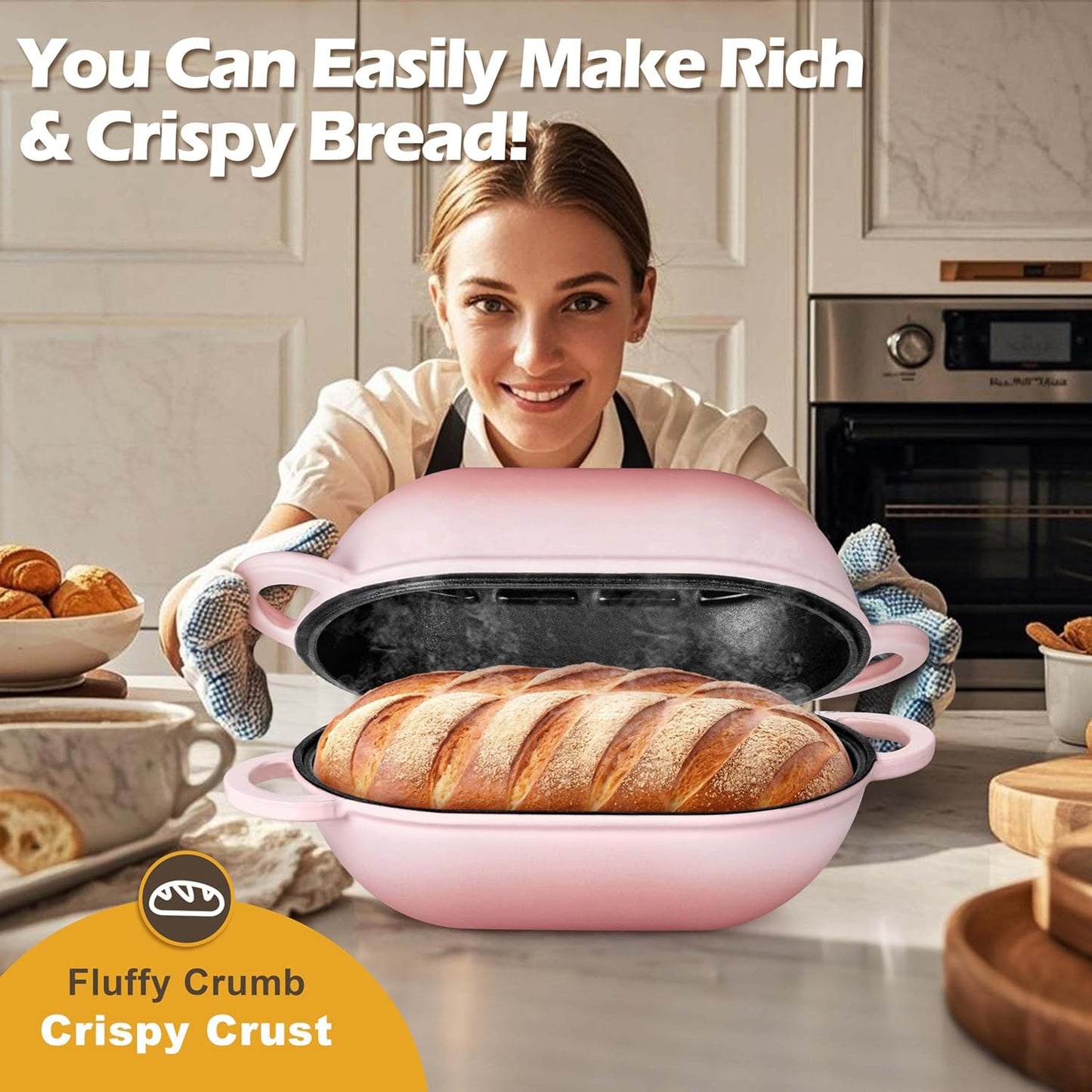 Homikit Enameled Cast Iron Dutch Oven for Bread Baking, 2.8 QT Oval Bread Oven Pot with Lid, Cast Iron Dutch Oven Loaf Sourdough Pan for Roasting Cooking, Pink & Heavy Duty