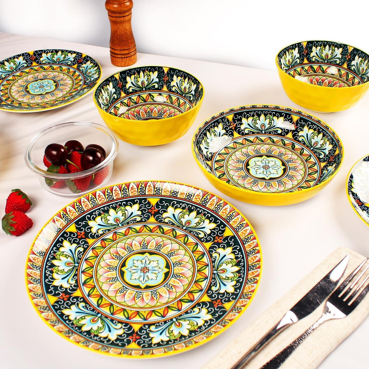 Mandala Dinnerware Sets, Plates and Bowls Set, Porcelain Dishes (16 Pieces) Service for 4, Zanzibar, Bohemian Style Dining Ware, for Kitchen and Dining Multicolor Dinnerware Set, Yellow