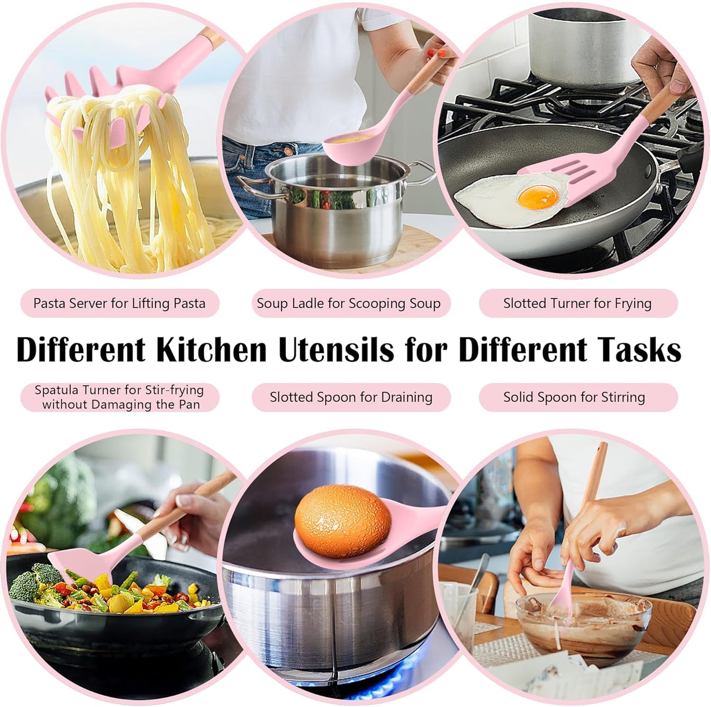 HaWare Kitchen Cooking Utensils Set, 23-Piece Silicone Kitchen Utensils Spatula Set with Holder, Heat Resistant Wooden Handle Kitchen Gadget for Nonstick Cookware, Food-grade Turner Spoon Sets (Pink)