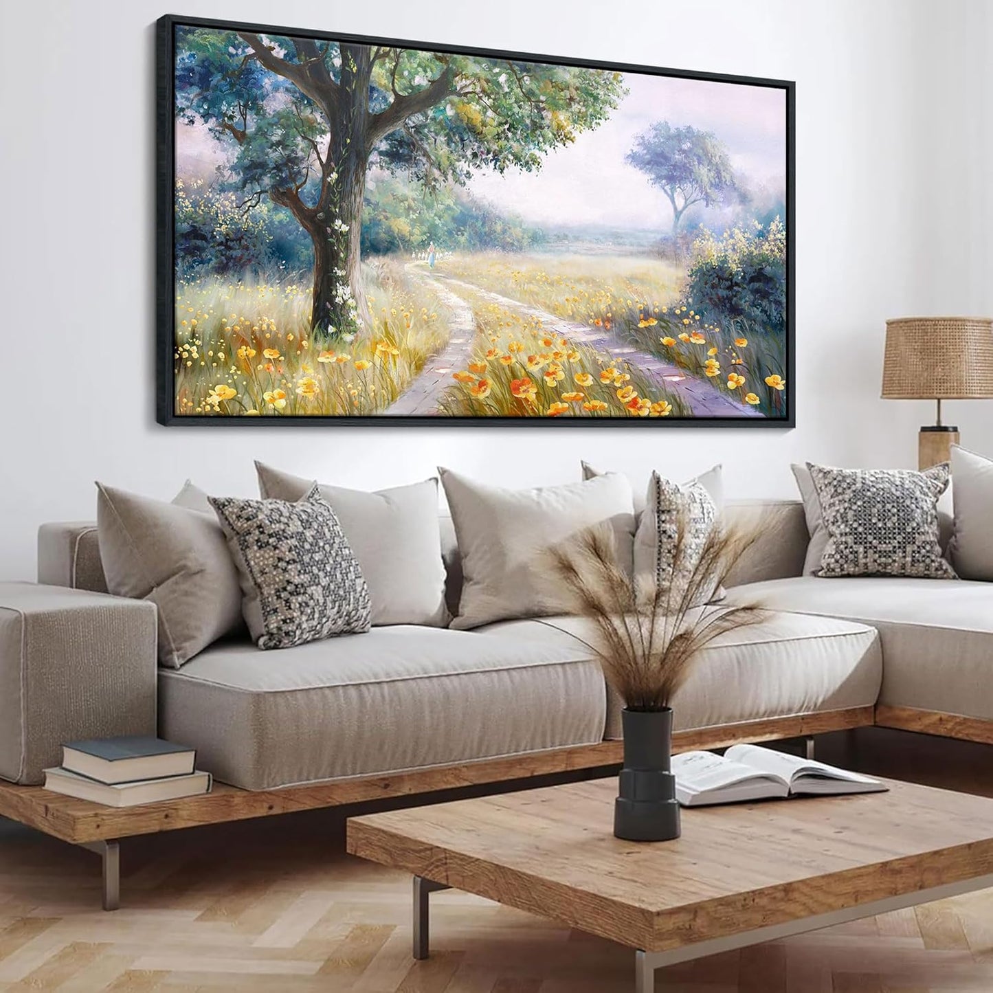 CHATYOUNG Canvas Wall Art Framed, Rustic Trails Orange flowers Landscape Wall Pictures Farmhouse Large Gallery Paintings 24"X48" for Living Room Bedroom Bathroom Birthday Gift Home Decor