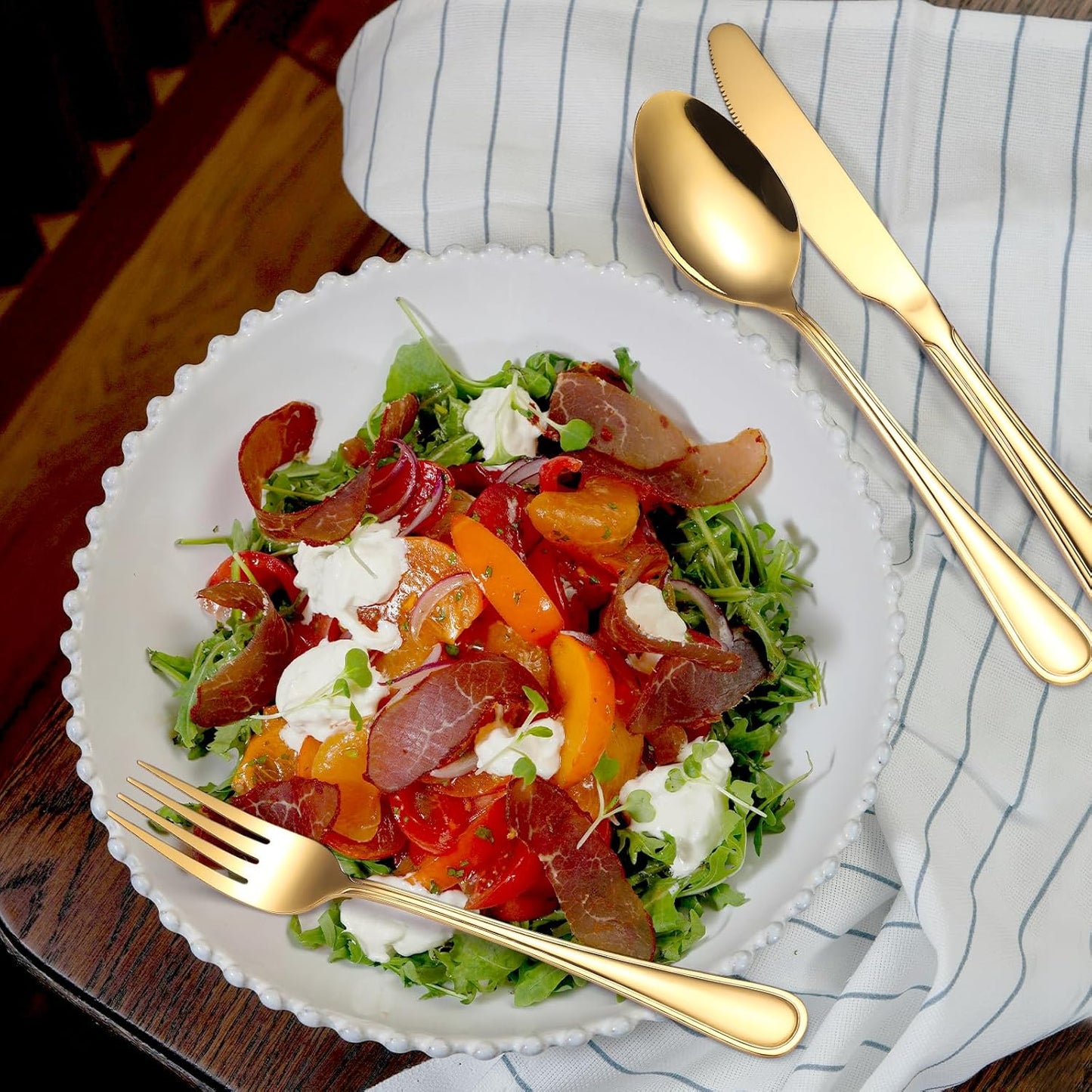 Gold Silverware Flatware Set for 4 Person Luxury Stainless Steel Cutlery 20 Pieces Forks Knives Spoons Modern Eating Utensils Double Line Edges Handle