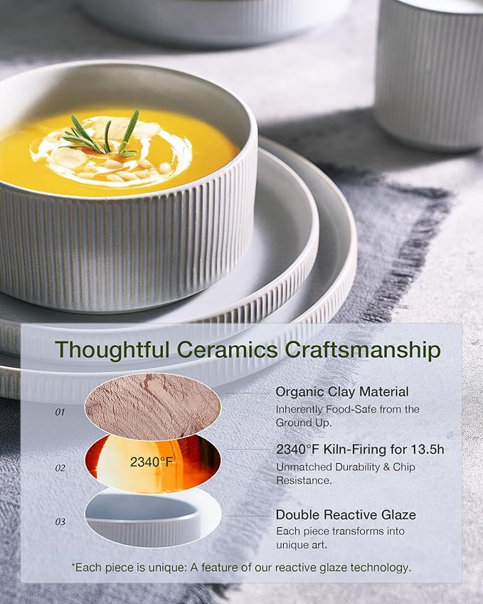 Famiware Star Dinnerware Set, Plates and Bowls Sets for 8 (24pcs), Ribbed Stoneware Dishes - Chip & Scratch Resistant, Microwave & Dishwasher Safe, Matte Gray