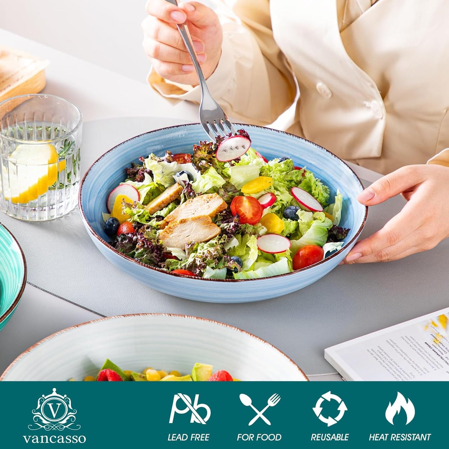 vancasso Bonita Pasta Bowls Set of 6, 50oz Large Salad Bowls for Kitchen, Stoneware Serving Bowls Dishwasher & Microwave Safe, Blue Bowl Set