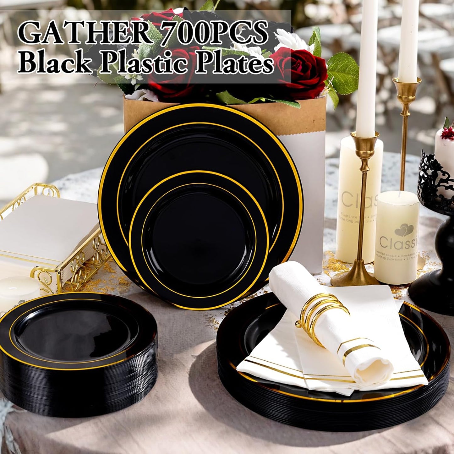 GATHER 700PCS Black Plastic Plates - Gold Disposable Plastic Dinnerware Set Include 200 6.3inch/9inch Black Plates, 300 Silverware, 100 Napkins, 100 Cups for Party & Wedding & Halloween