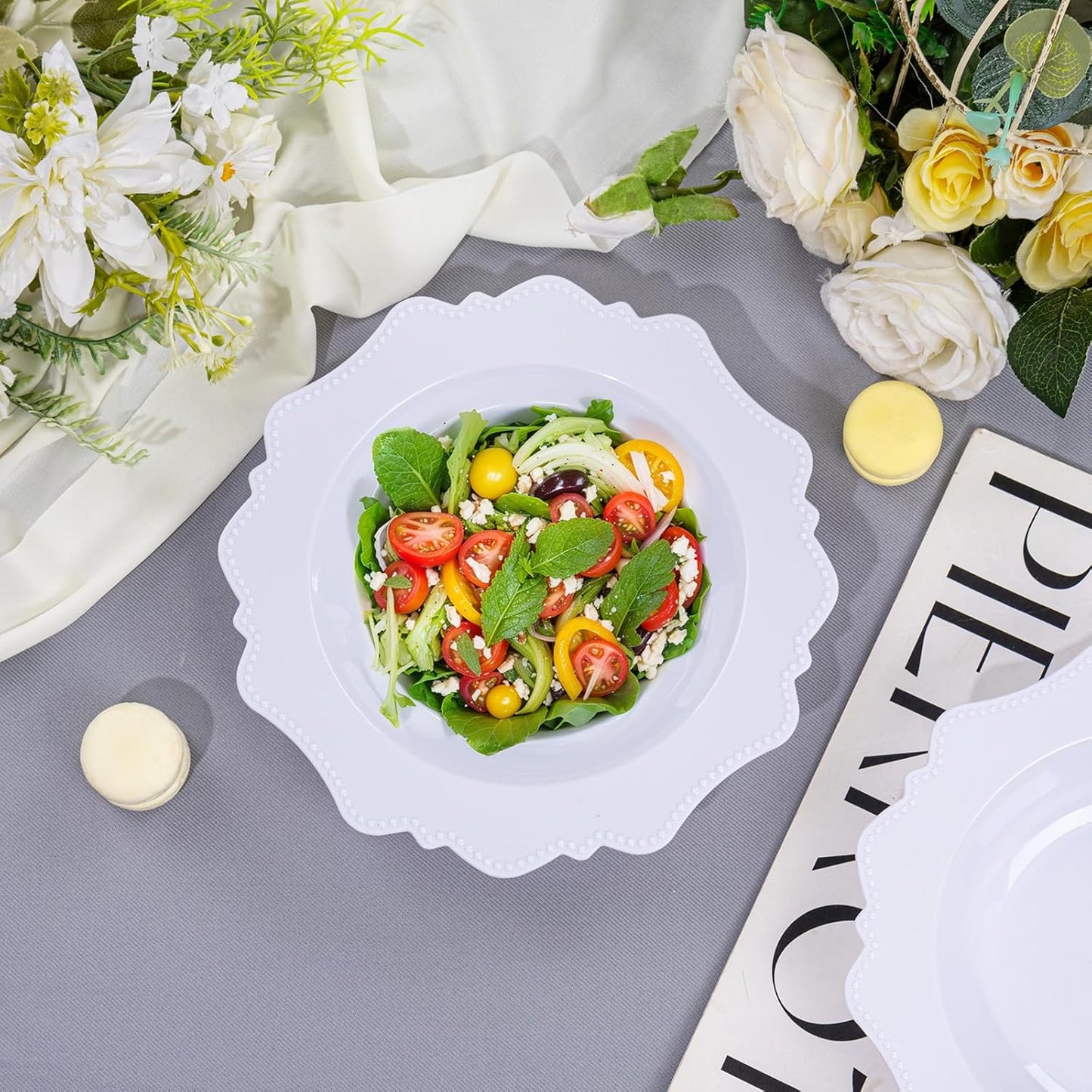 COLOSUS 60 Pack White Plastic Bowls, 12 oz Disposable Soup Bowls, Premium Plastic Dinner Bowls,Heavy-duty Dessert Salad Bowl for Party, Wedding, Dinner, Christmas, Thanksgiving, and Catering