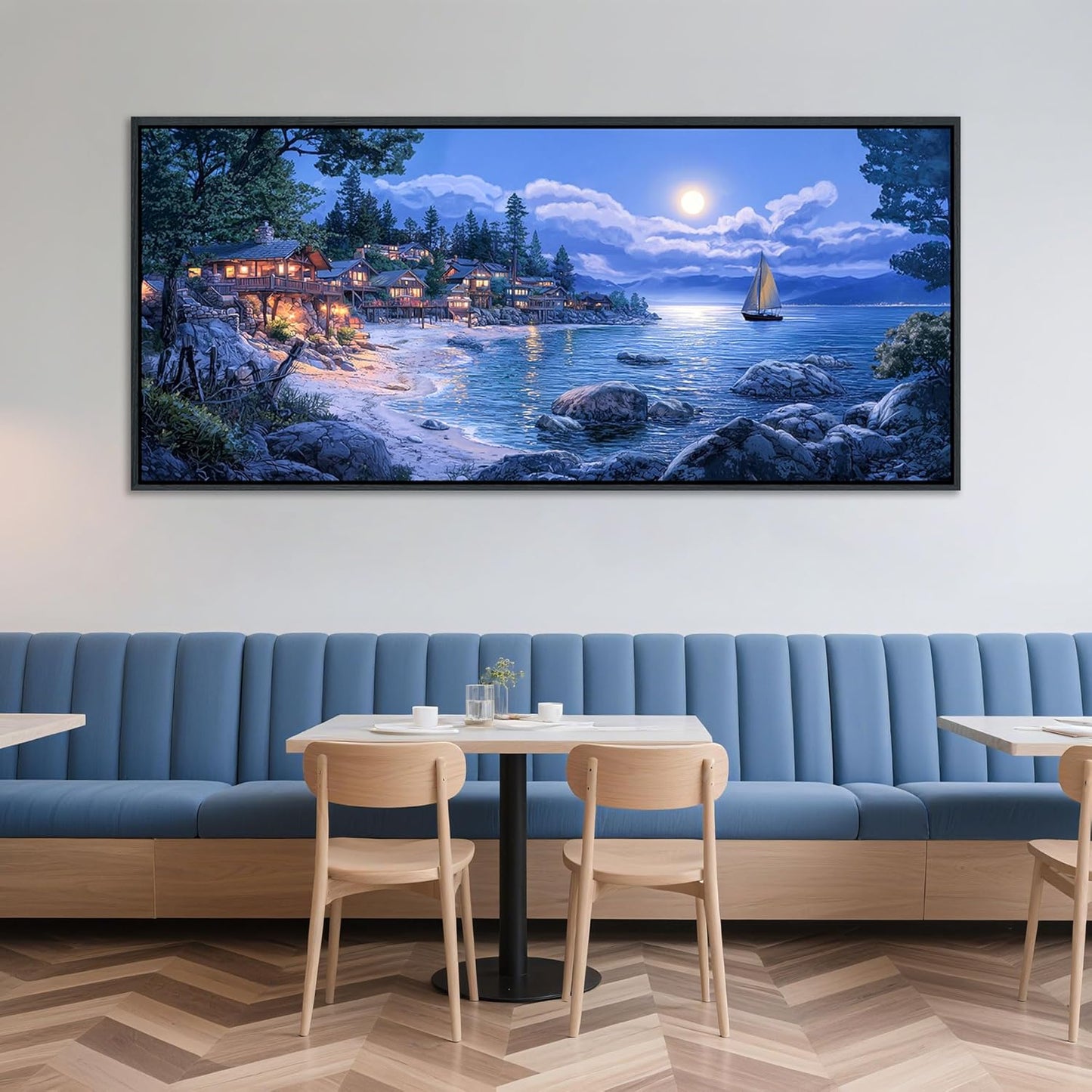 CHATYOUNG Large Beach Wall Art, Blue Sea Ocean Night Landscape Framed Painting Coastal Moon Modern Pictures Artwork for Bedroom Living Room Kitchen Home Office Wall Decor 71"x32"