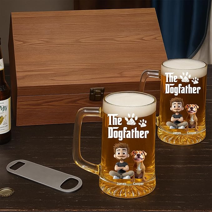 Wrappiness Gift for Dad - Cool Dog Father Personalized Beer Glass With Handle, Custom Breeds and Man Appearance Lovely Fathers Day Pet Papa Gift for Men Pet Lovers, Cute Puppy Owner Drinking Cup