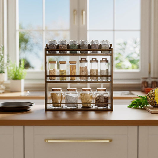 Spice Rack for Countertop, Bamboo Seasoning Jars Organizer Rack Shelf Wall Mounted, 15.83" W x 4.96" D x 15.75" H (Walnut)