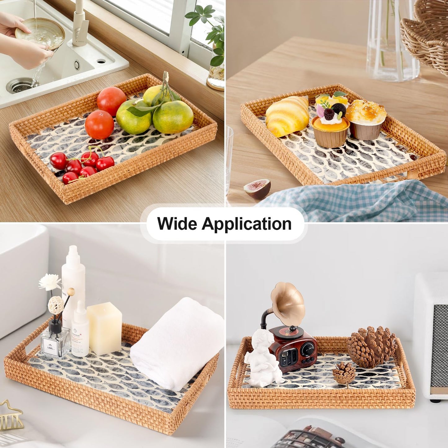 Rectangle Rattan Tray with Mother of Pearl Inlay, Rattan Serving Tray with Handle for Coffee, Bread, Fruits, Snacks, Decorative Wicker Tray for Table Decor (Rectangle Dark Blue Fish, 13"×9")