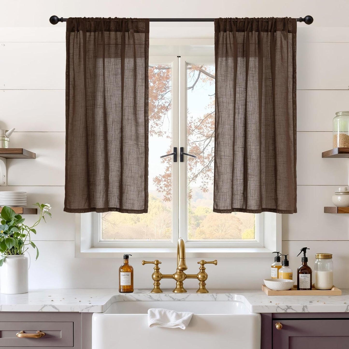 BGment Linen Short Curtains 40 Inch Length for Window, Brown Small Semi Sheer Drapes for Kitchen Cafe Over Sink Bathroom Decor Lightweight Country Textured Rod Pocket, 2 Panels Set, Each 30 Inch Wide