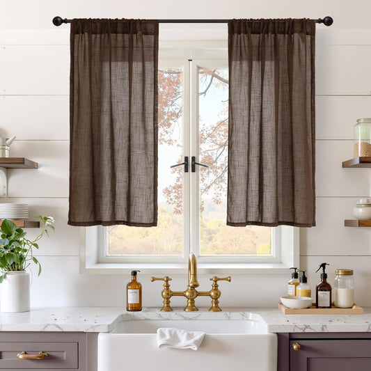 BGment Linen Short Curtains 40 Inch Length for Window, Brown Small Semi Sheer Drapes for Kitchen Cafe Over Sink Bathroom Decor Lightweight Country Textured Rod Pocket, 2 Panels Set, Each 30 Inch Wide