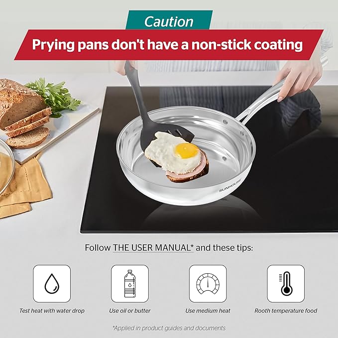 SUNHOUSE – 8 Inch / 20 cm Stainless Steel Frying Pan, Tri-Ply Stainless Steel Construction, PFOA-FREE, Stay-Cool Handle, Induction Compatible with All Cooktops, Dishwasher Safe