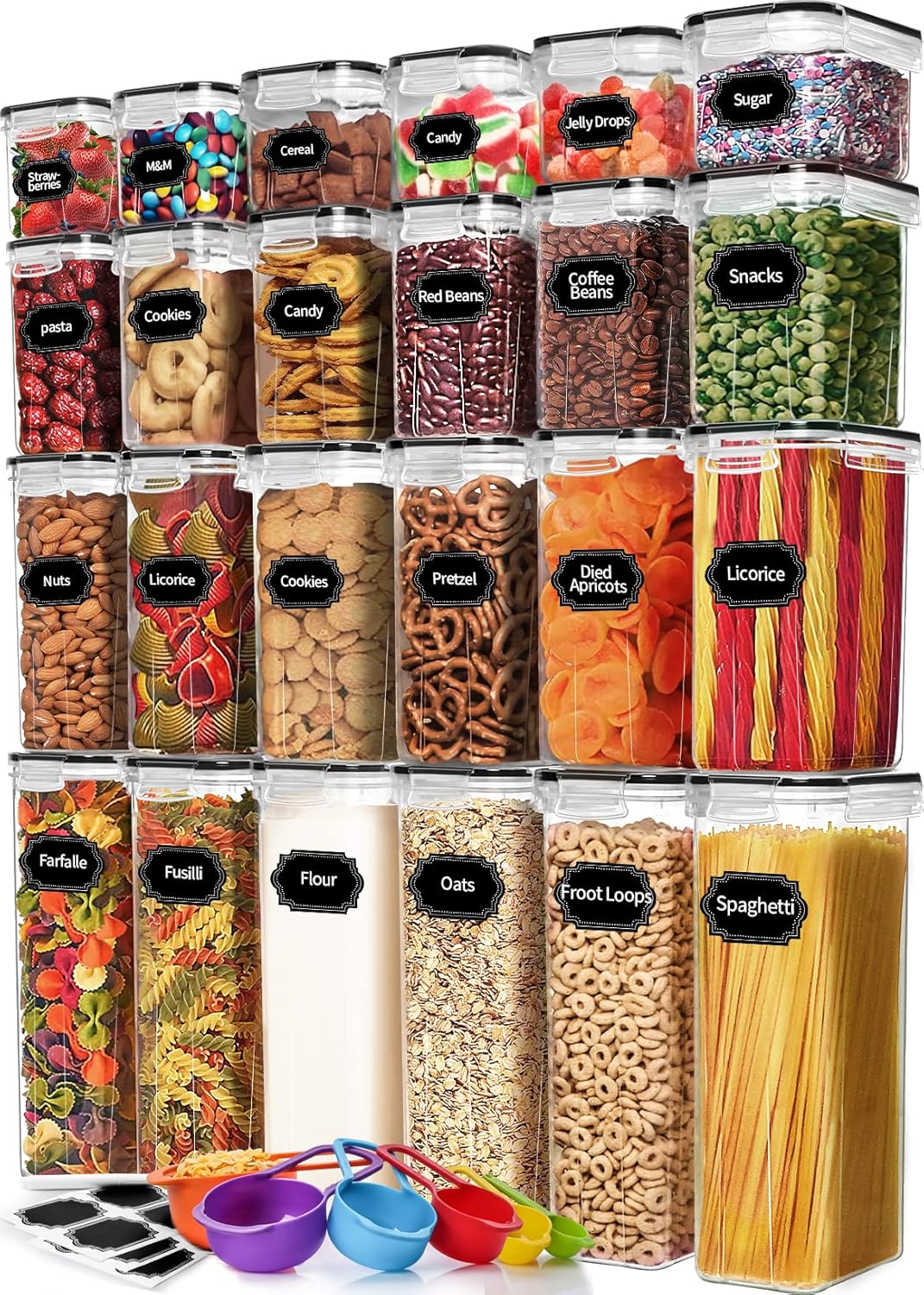 Skroam 24 Pack Airtight Food Storage Containers with Lids for Kitchen Pantry Organizers and storage, Plastic Canister Set for Cereal, Pasta, Flour & Sugar - Spoon Set, Labels & Marker