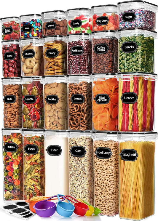 Skroam 24 Pack Airtight Food Storage Containers with Lids for Kitchen Pantry Organizers and storage, Plastic Canister Set for Cereal, Pasta, Flour & Sugar - Spoon Set, Labels & Marker