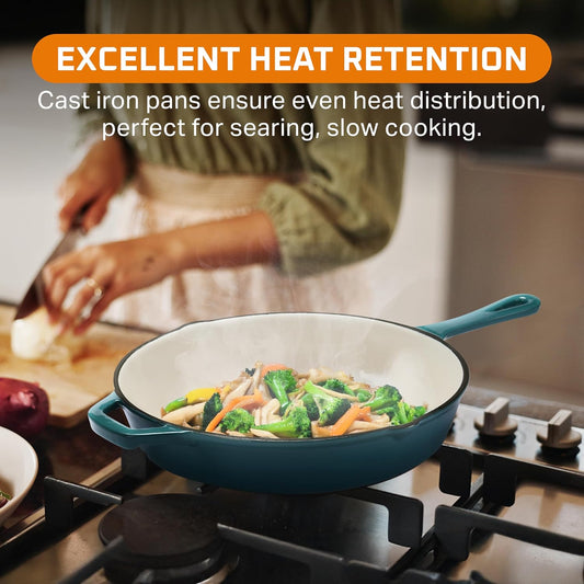 Bruntmor Cast Iron Pan - 10x16-Inch Round Skillet with Pour Spout - Frying Pan Compatible with Stovetops, Ovens, and Grills -Pre-Seasoned Non-Stick Surface Kitchen Tool and Cookware for Frying - Teal