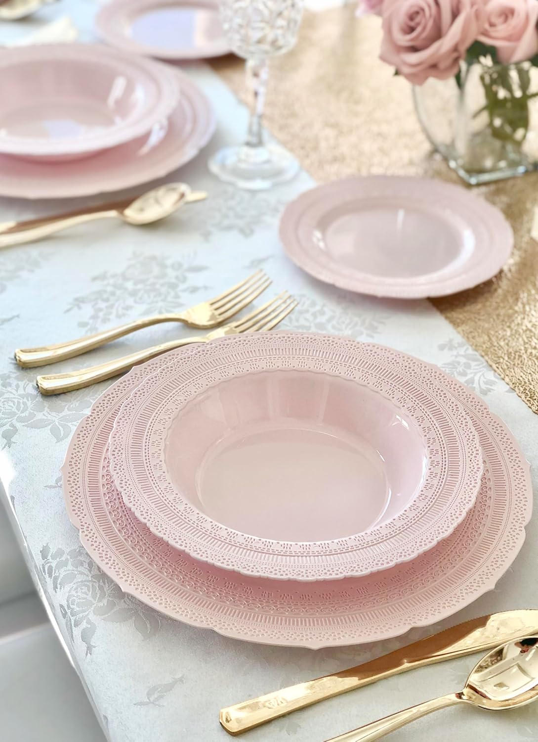 " OCCASIONS " 150pcs set (25 Guests)-Extra Heavyweight Vintage Wedding Disposable/Reusable Plastic Plates (25 x 11'' + 25 x 8.25'') + Silverware (Chateau Collection in Blush Pink)