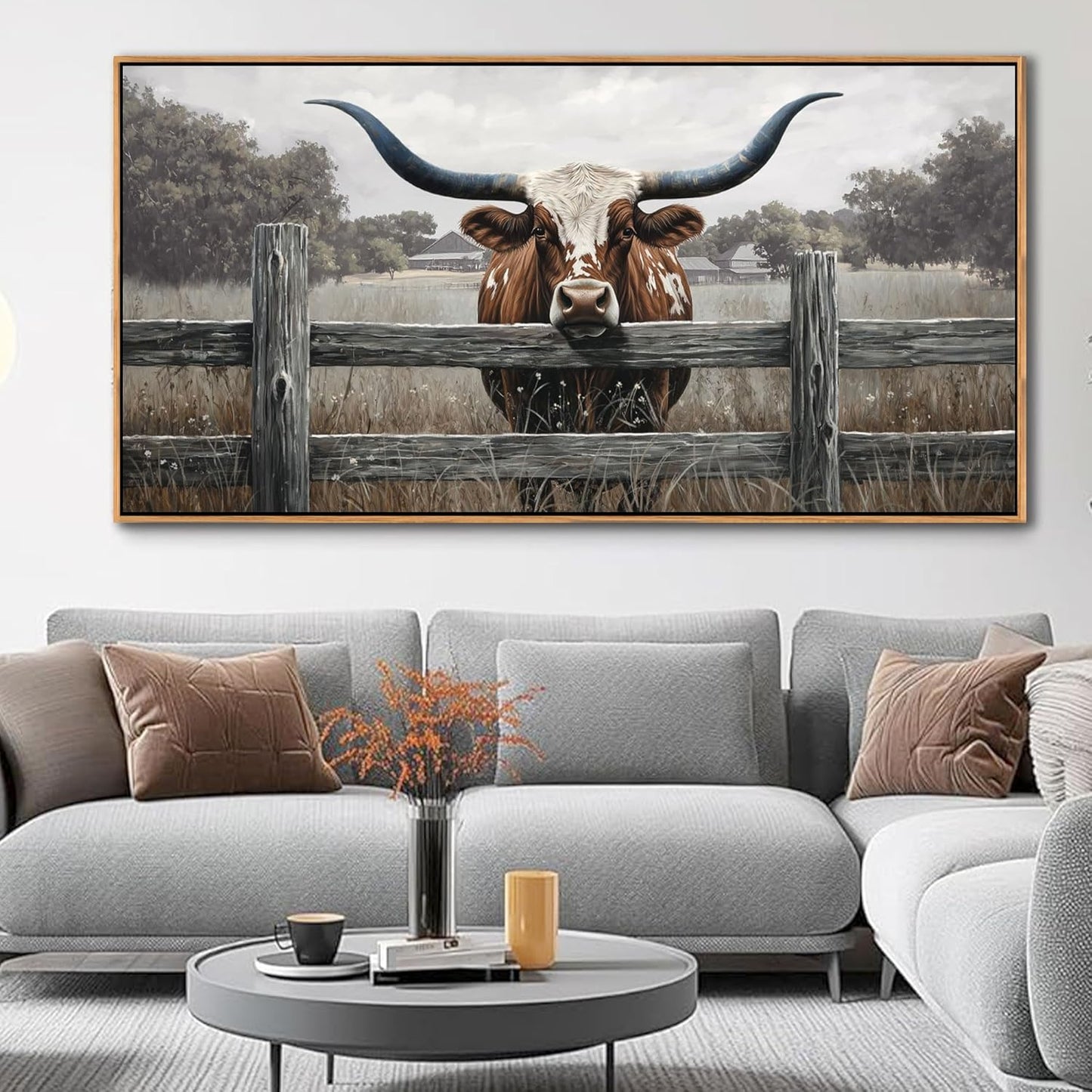 Highland Cow Wall Art - Rustic Farmhouse Wall Art for Country Wall Decor, Vintage Artwork for Walls, Framed Pictures for Living Room, Large Canvas painting for Bedroom Above Bed 29×58IN