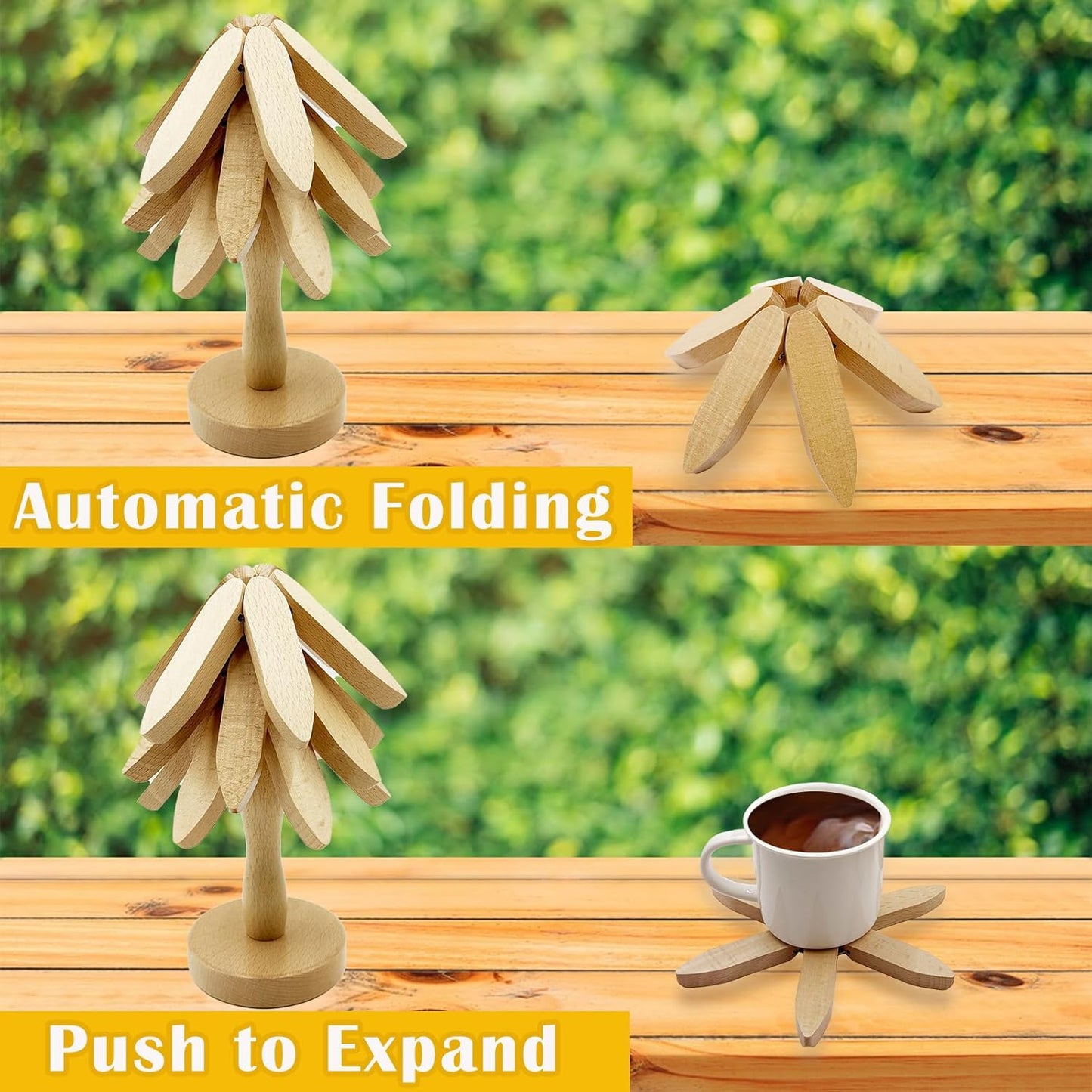 Cheardia Tree Trivet for Hot Dishes, Wooden Tree Shape Coasters Set, 3 Wooden Trivets and 1 Stand for Pot, Bowl, Teapot, Beech Wood