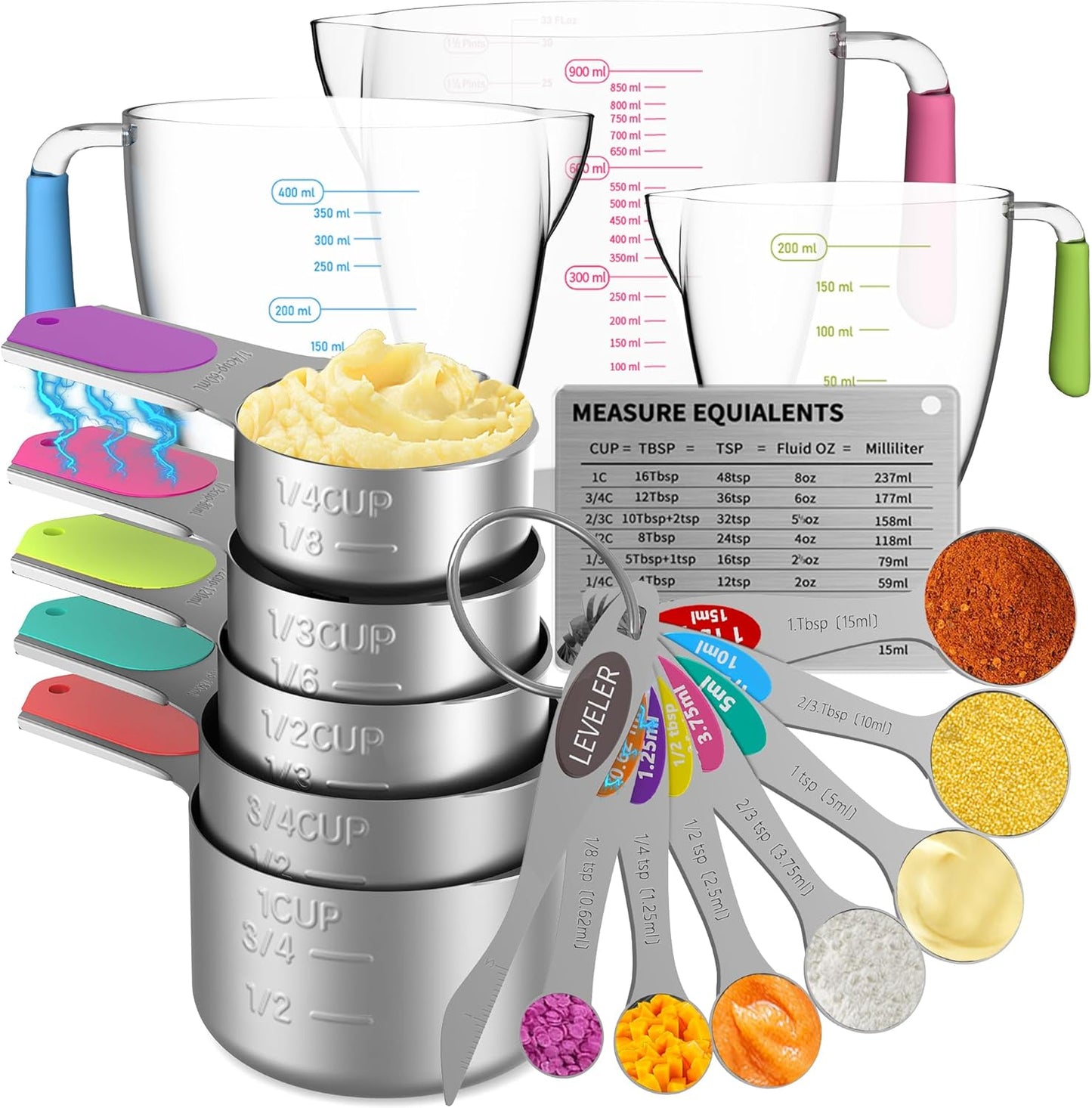 Stainless Steel Measuring Cups and Spoons Set of 20, 7 Nesting Measuring Cups, 7 Spoons & 1 Leveler, 5 Mini Spoons, Kitchen Gadgets for Cooking & Baking