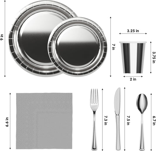 Exquisite 350 Pcs Silver Paper Plates For Party, Silver Disposable Plates Set, 50 Of Each 9" Dinner Plate Set, 7" Dessert Plate, Cups, Napkins & Cutlery Paper Dinnerware