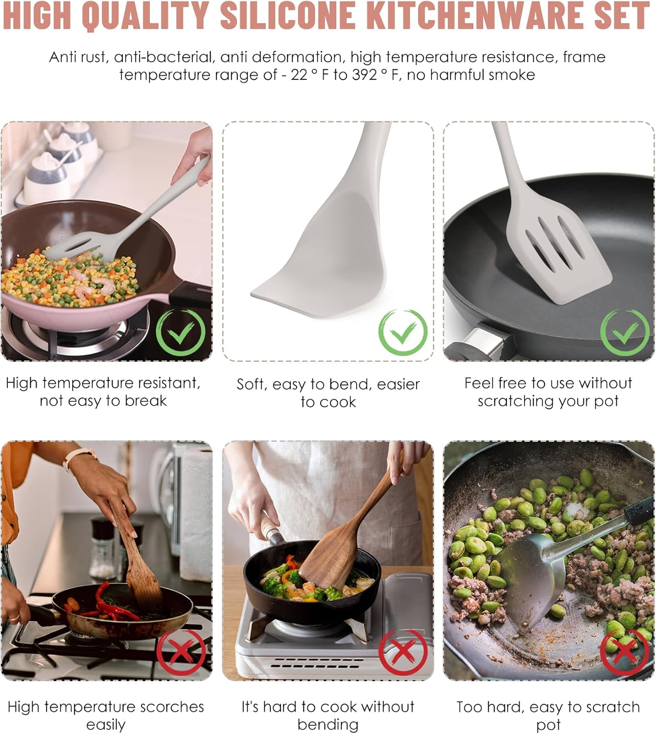 Kitchen Utensils Set-12 Pieces Silicone Cooking Utensils Set (Dishwasher Safe) 392°F Heat Resistant Spatula Set, Nonstick Cookware