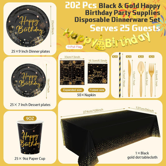 Sawysine 202 Pcs Black and Gold Happy Birthday Party Supplies Disposable Dinnerware Set 50 Plates 25 Cups 25 Napkins 25 Plastic Forks 25 Knives 25 Spoons 25 Straw Flag Tablecloth to Serve 25 Guests