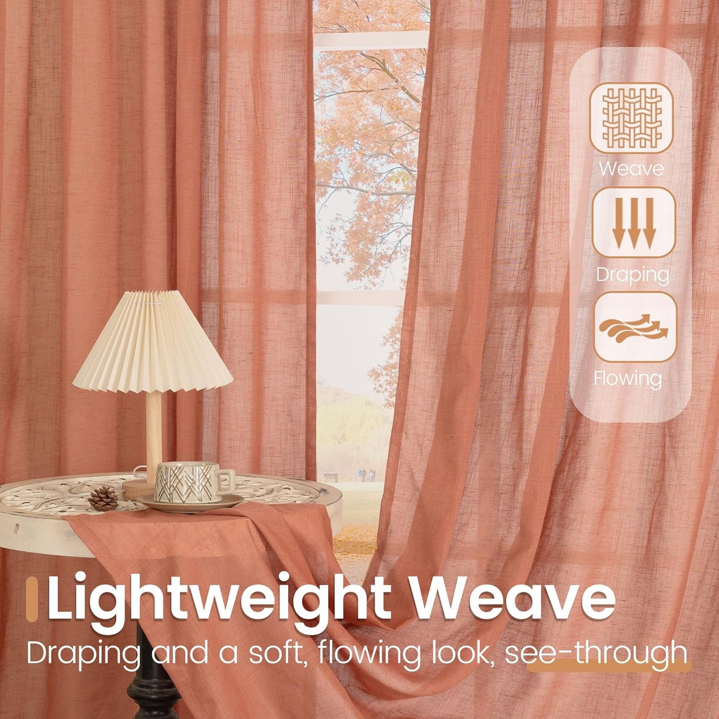 BGment Fall Linen Semi Sheer Curtains for Living Room Windows, Terracotta Light Filtering Drapes with Rod Pocket for Bedroom Dining Burnt Orange Lightweight, 2 Panels Set, Each 52 Inch Wide