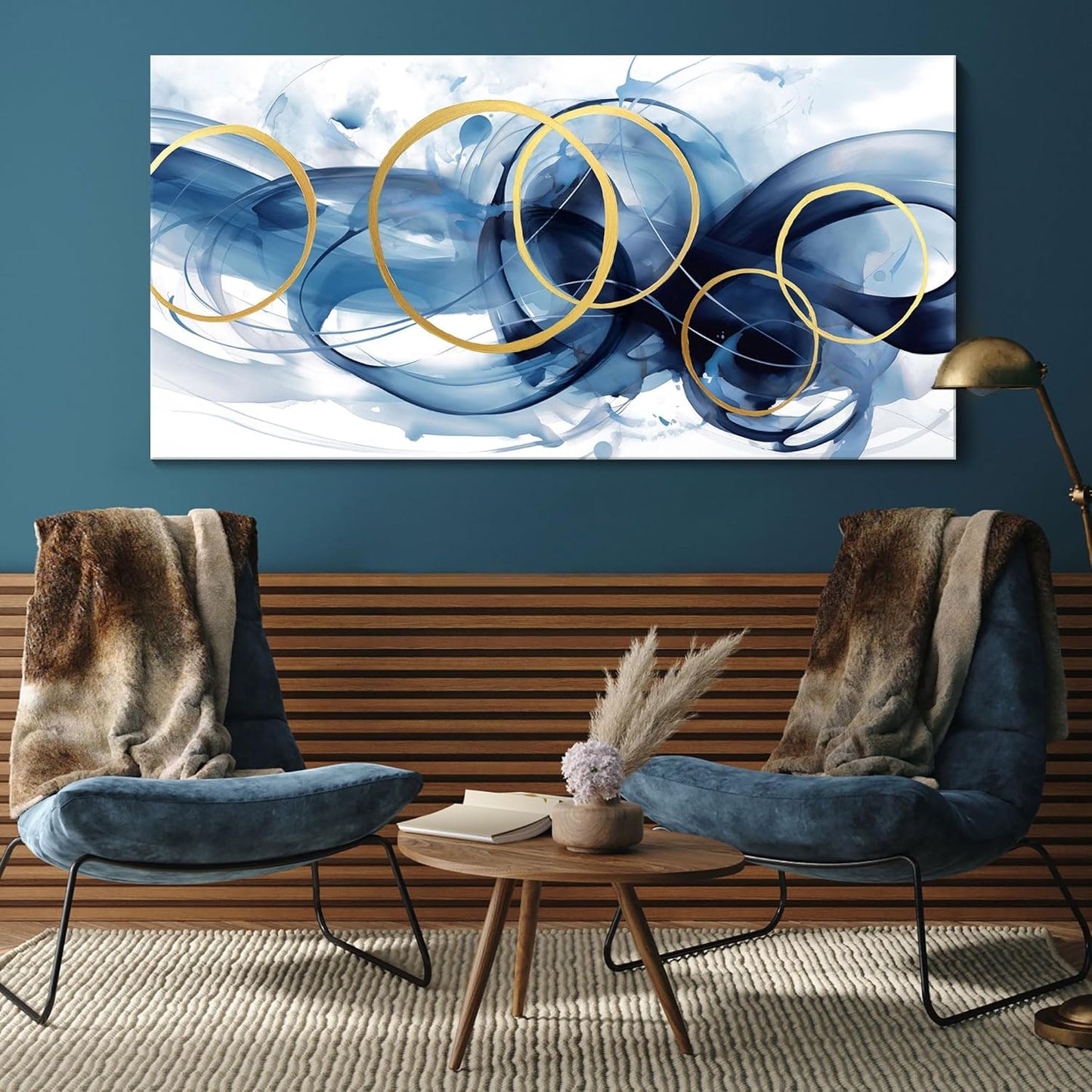 HKDGOKA Abstract Wall Art Living Room - Large Canvas Gold Blue Gradient Canvas Paintings Wall Artwork Modern Office Bedroom Pictures for Kitchen Bathroom Wall Decor 29x58 In