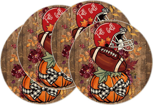 XCHI Fall Football Pumpkin Wood Round Placemats Set of 4 Table Mats for Party Home Kitchen Dining Table Decorations 14x14 Inch